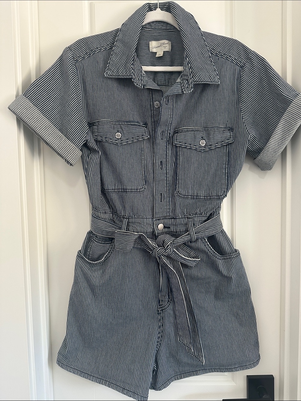 Universal Thread Navy & White Striped Short-Sleeve Tie-Waist Romper